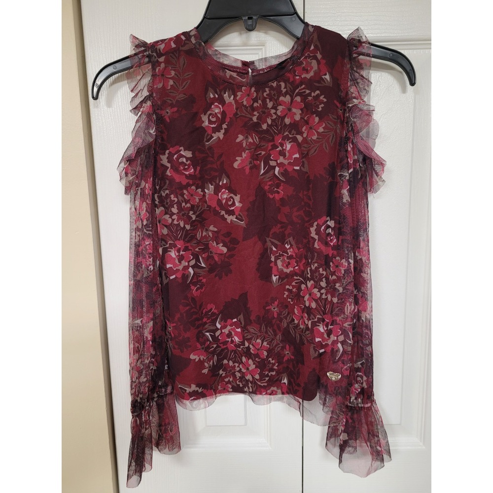 Bebe Girls Burgundy Floral Mesh Cold Shoulder Ruffle Twee Party Top Size M 10-12